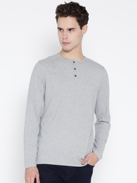 

Blackberrys Men Grey Melange Solid Henley Neck Pure Cotton T-shirt