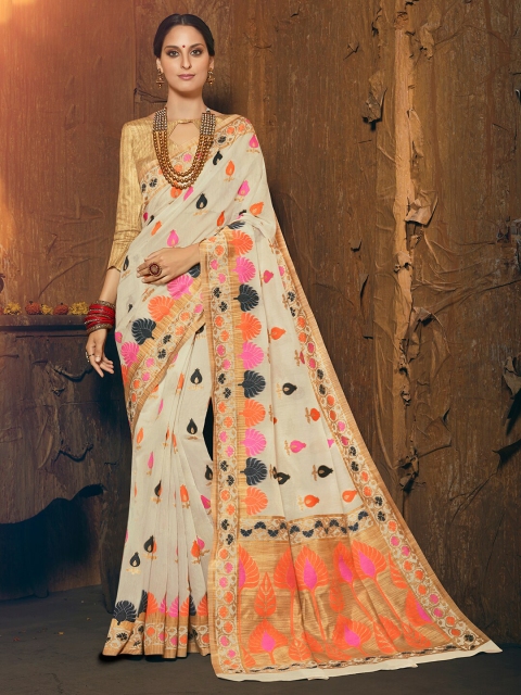 

Shaily Cream-Coloured & Gold-Toned Ethnic Motifs Zari Silk Cotton Banarasi Saree