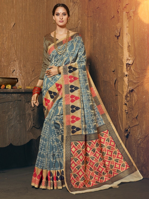 

Shaily Grey & Red Ethnic Motifs Zari Silk Cotton Banarasi Saree