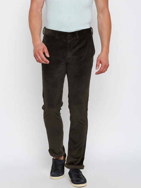 

Blackberrys Men Olive Green Sharp Fit Solid Corduroy Trousers