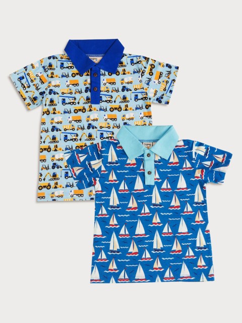 

frangipani Boys Pack Of 2 Blue & White Printed Polo Collar Cotton T-shirt