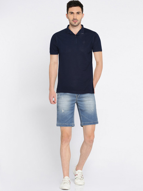 

Blackberrys Men Navy Solid Mandarin Collar Pure Cotton T-shirt, Navy blue