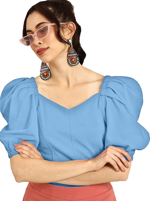 

FAVRIZ Turquoise Blue Sweetheart Neck Puffed Sleeves Top