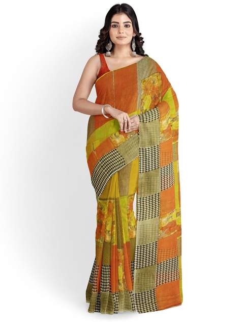 

Silk Bazar Yellow & Orange Pure Georgette Saree