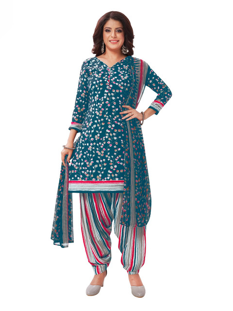 

SALWAR STUDIO Women Blue & White Printed Pure Cotton Unstitched Dress Material