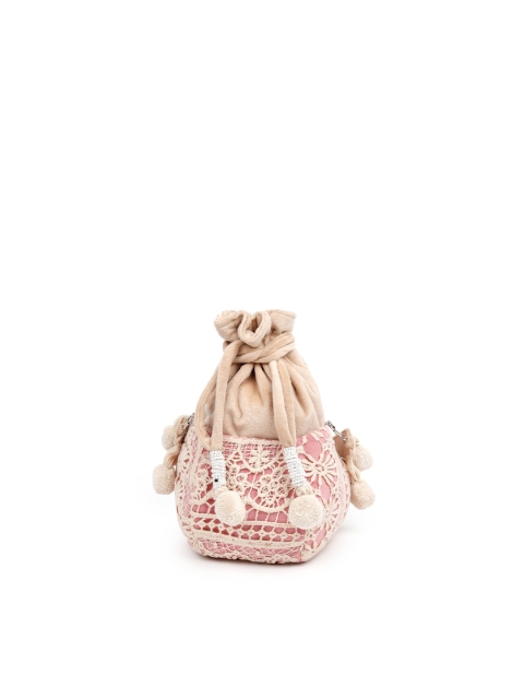

ODETTE Women Pink & White Embroidered Tasselled Potli Clutch