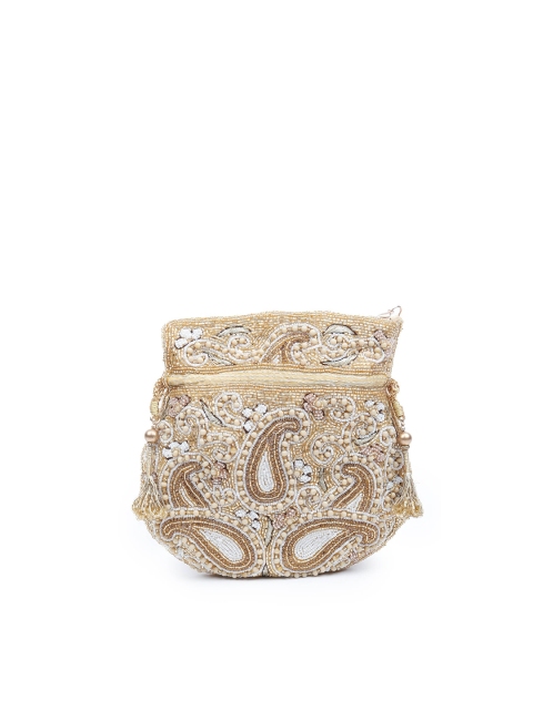 

ODETTE Gold-Toned & White Embroidered Potli Clutch
