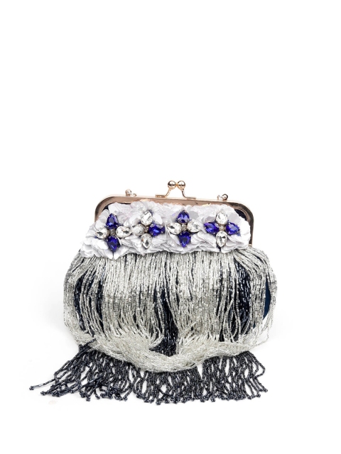 

ODETTE Women Blue & White Embellished Foldover Clutch With Tassels