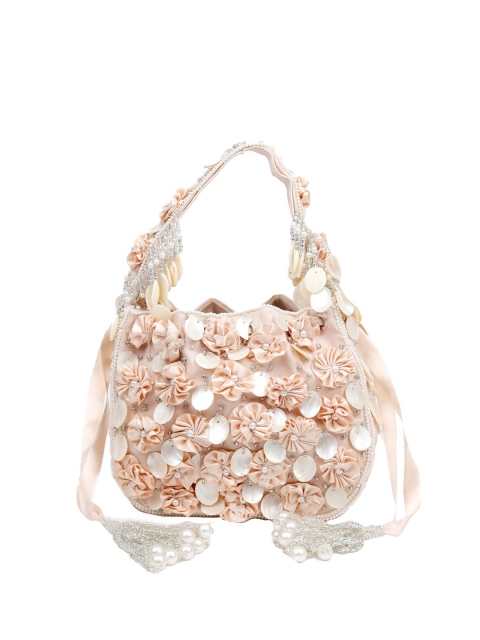 

ODETTE Peach-Coloured & White Embellished Potli Clutch