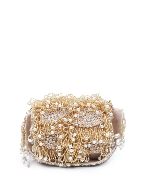 

ODETTE Beige & White Embellished Foldover Clutch