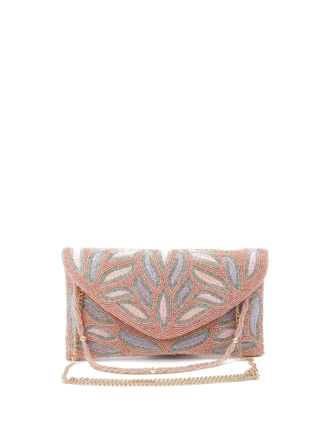 

ODETTE Peach-Coloured & White Embellished Envelope Clutch
