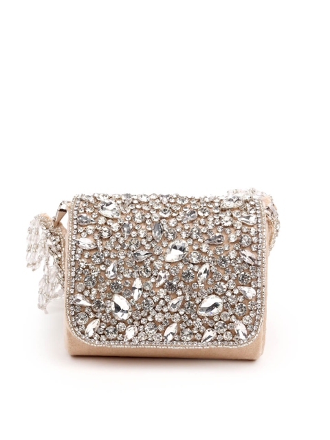

ODETTE Women Beige & Silver-Toned Embellished Box Clutch