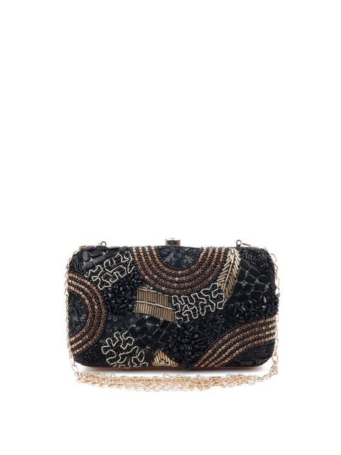 

ODETTE Women Black & Gold-Toned Embellished Box Clutch
