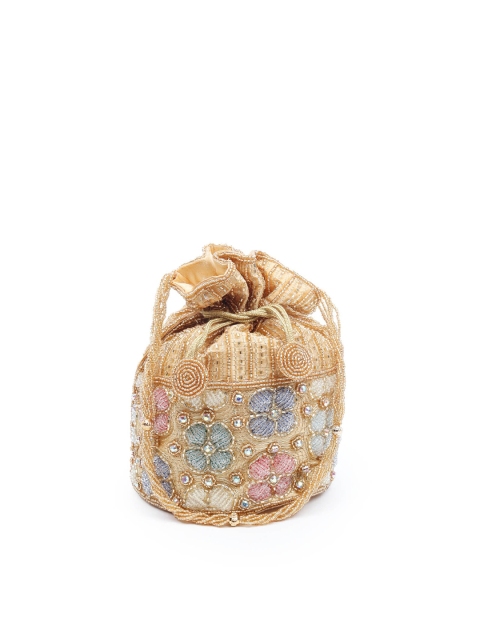 

ODETTE Gold-Toned & Blue Embroidered Potli Clutch