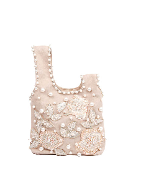 

ODETTE Beige & White Embroidered Potli Clutch