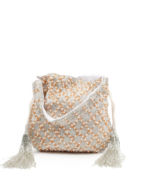

ODETTE Women White & Coral Embroidered Potli Clutch
