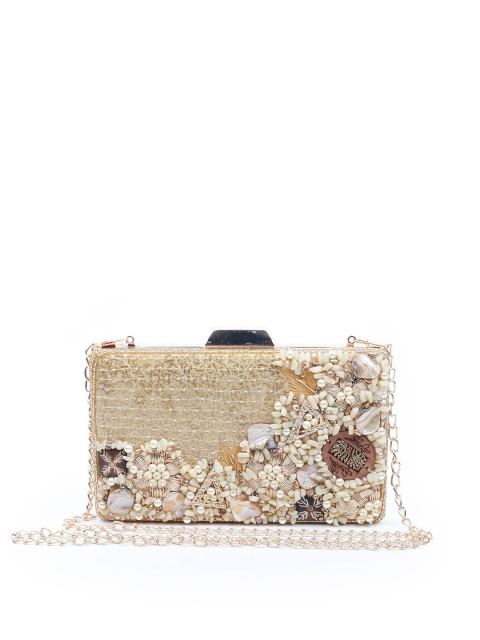 

ODETTE Women Gold-Toned & Cream-Coloured Embellished Foldover Clutch