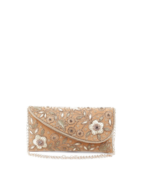 

ODETTE Women Beige & Cream-Colored Embroidered Foldover Clutch