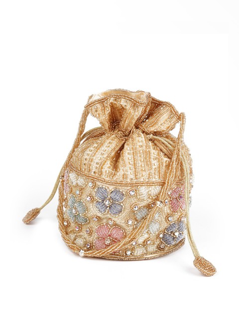 

ODETTE Women Gold-Toned & Blue Embroidered Potli Clutch