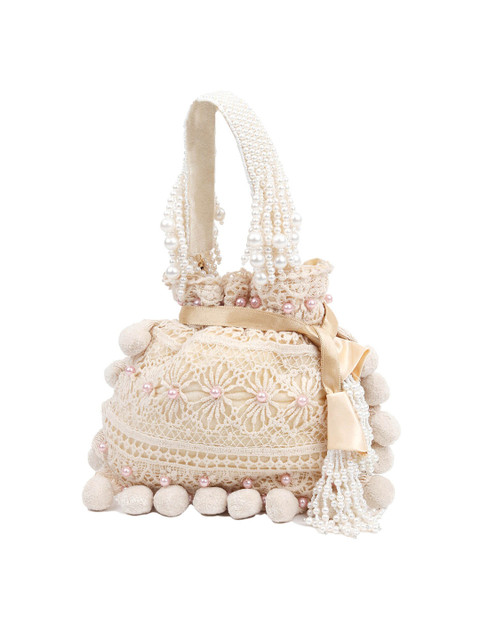 

ODETTE Women Cream & Pink Embroidered Fabric Potli Clutch