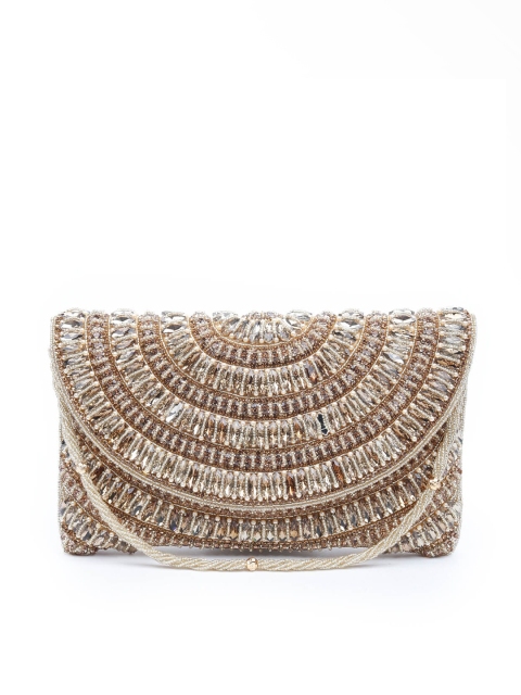 

ODETTE Women Gold-Toned & White Embellished Foldover Clutch