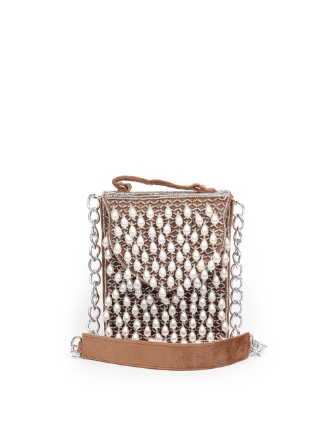 

ODETTE Women Brown & White Embellished Foldover Clutch