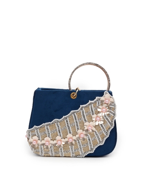 

ODETTE Women Blue & Silver-Toned Embellished Box Clutch
