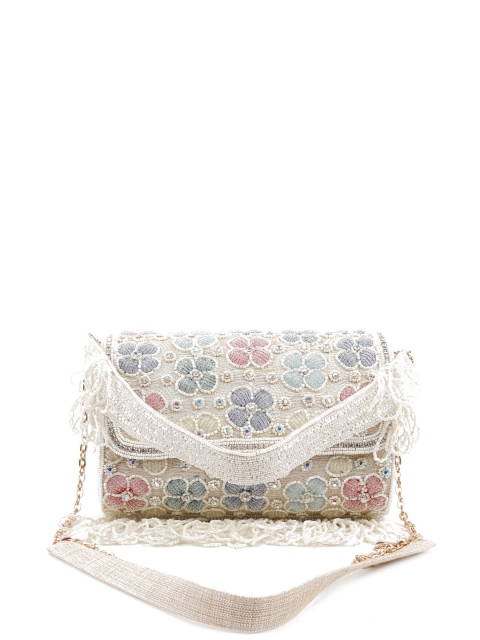 

ODETTE White & Pink Embroidered Foldover Clutch