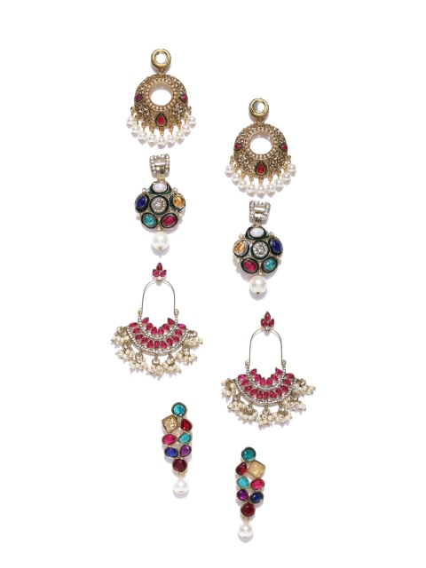 

Zaveri Pearls Set of 4 Gold-Plated Stone-Studded Drop Earrings, Multi