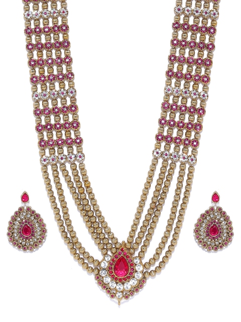 

Zaveri Pearls Antique Gold-Toned & Pink Stone-Studded Beaded Jewellery Set