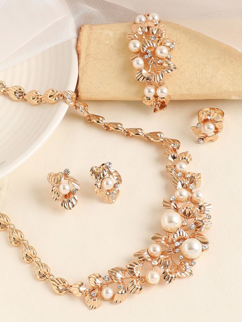 

SOHI Gold-Plated White-Stone-Studded Jewellery Set