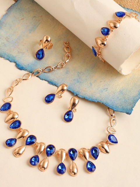 

SOHI Gold-Plated Gold-Toned Blue Stone Studded Jewellery Set