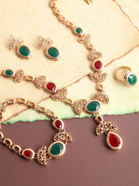 

SOHI Gold-Plated Green & Red Stone-Studded Jewellery Set