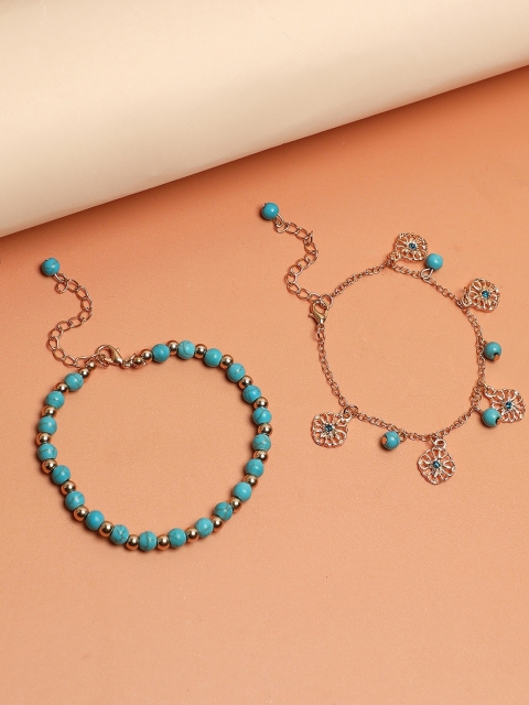 

SOHI Set Of 2 Gold-Plated Blue Stone Studded Anklet