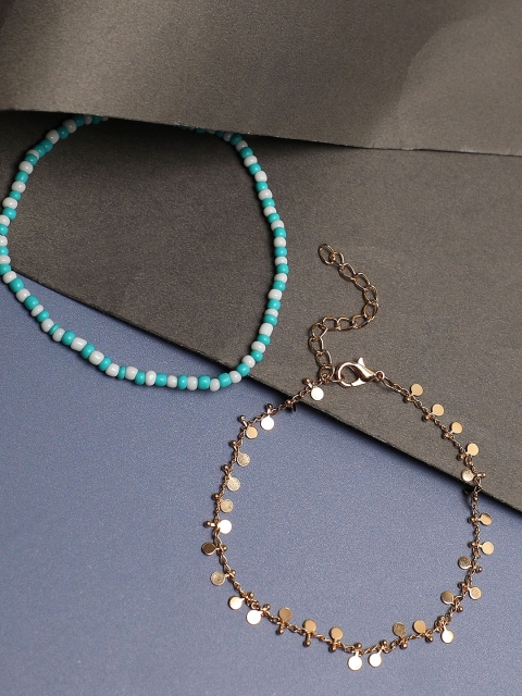 

SOHI Set Of 2 Gold-Plated & Blue Beaded Anklet Cum Bracelet