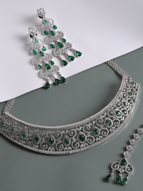

SOHI Silver-Plated Silver-Toned Green AD Studded Jewellery Set