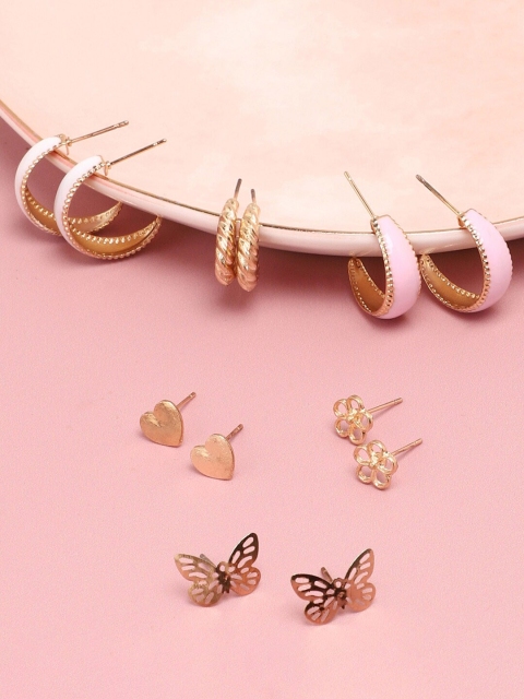 

SOHI Women Pack Of 6 Pink And Gold-Plated Contemporary Hoop & Stud Earrings, Multi