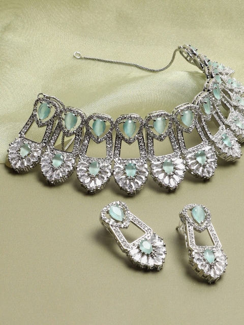 

SOHI Silver-Plated White & Green AD-Studded Jewellery Set