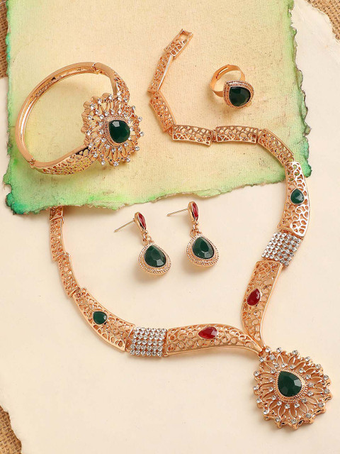 

SOHI Women Gold-Plated Green & White Stone-Studded Jewellery Set
