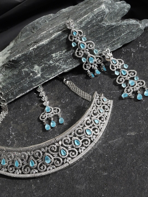 

SOHI Silver-Plated White & Blue AD-Studded Jewellery Set