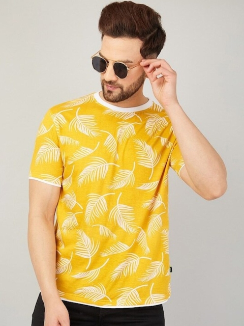 

Rodzen Men Mustard Yellow Printed Tropical Pure Cotton T-shirt