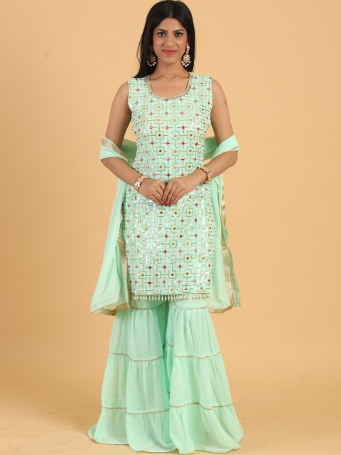 

Chhabra 555 Women Sea Green Embroidered Sequinned Kurta with Sharara & Dupatta