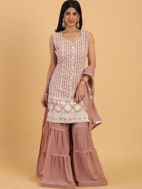 

Chhabra 555 Women Mauve Floral Embroidered Kurti with Sharara & With Dupatta Set