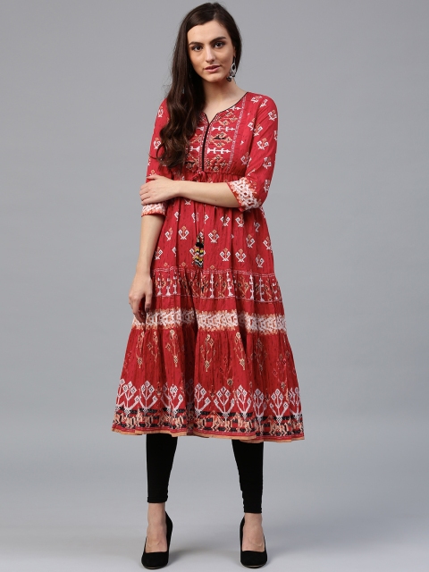 

Rain & Rainbow Women Red Printed Anarkali Tiered Kurta