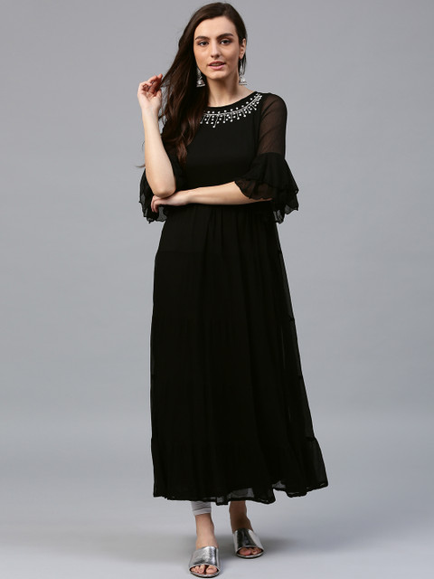 

Rain & Rainbow Women Black Solid A-Line Kurta