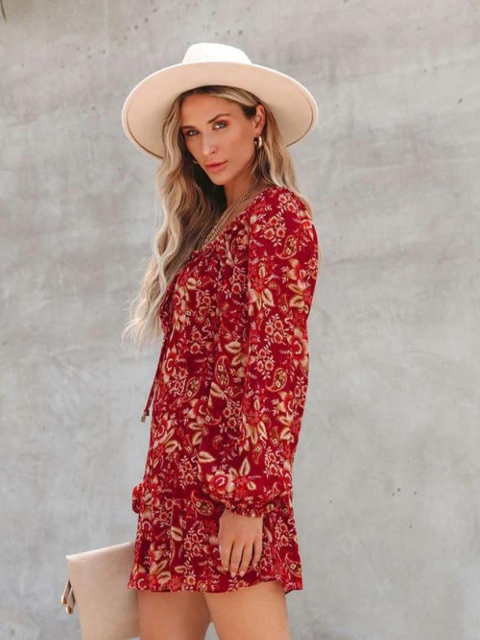 

BoStreet Women Maroon Floral Printed Tie-Up Neck A-Line Mini Dress