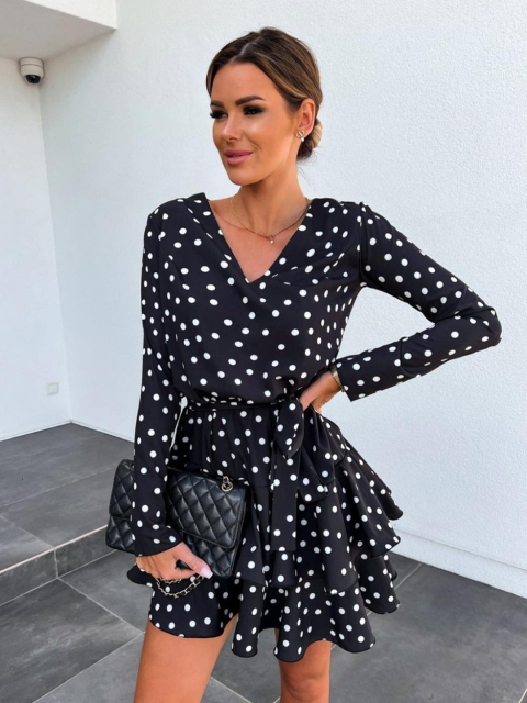 

BoStreet Women Black And White Polka Dot Print Long Sleeves Layered Mini Dress