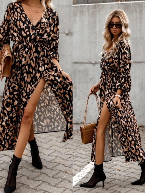 

BoStreet Brown Animal Printed Wrap Midi Dress