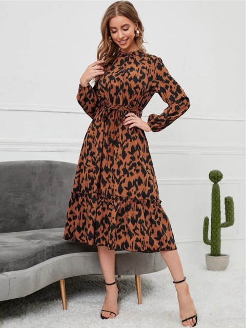 

BoStreet Brown Animal Printed Midi Dress