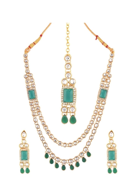 

Efulgenz Gold-Plated Green & White Kundan Studded & Beaded Antique Jewellery Set